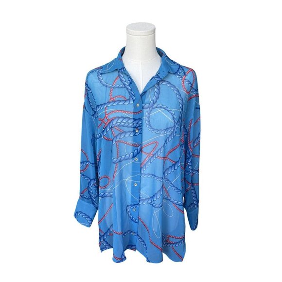Zara Sheer Nautical Button Down Top M Blouse Oversized Preppy Beach Chain Rope - Picture 2 of 11